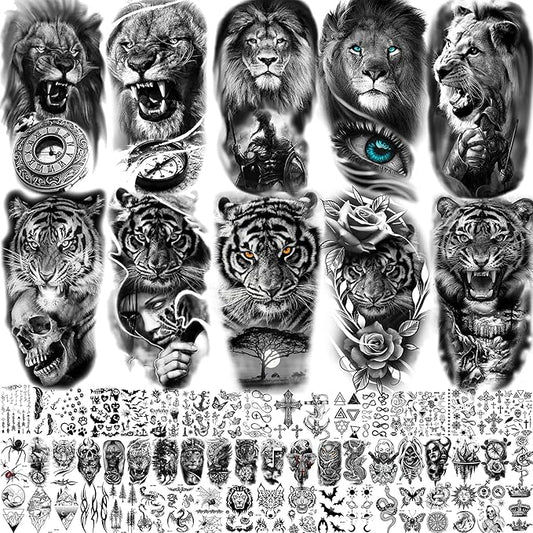 67 Sheets 3D Black Tribal Realistic Lion Temporary Tattoos for Men Women Adults, Bulk Tiger Wolf Warrior Gladiator Temp Skull Skeleton Halloween Fake Half Arm Sleeve Tattoos Stickers Legs Kit Sets