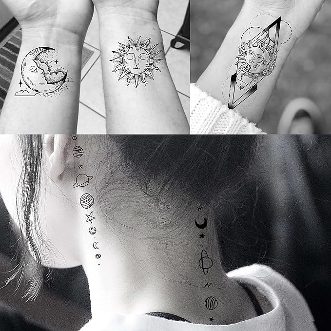 COKTAK 28 Sheets Outer Space Temporary Tattoos For Kids Women Men, 3D Fake Realistic Star Sun Moon Tattoo Stickers Boys Girls, Long Lasting Geometric Planets Universe Tattoos Neck Small Solar System