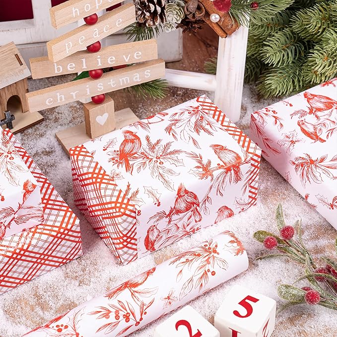 RUSPEPA Reversible Christmas Wrapping Paper Roll, Mini Roll, Vintage Red Botanical Bird and Pinecone Design, Red White Plaid Pattern Gift Wrap Paper for Elegant Holiday Gifts, 17 Inches x 32.8 Feet