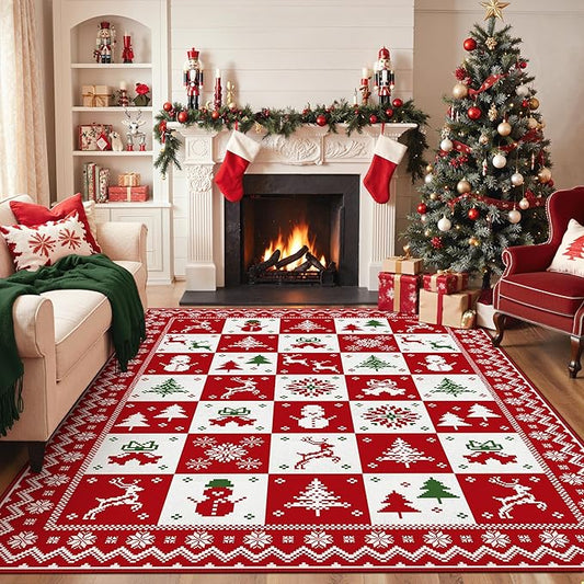 Christmas Area Rug 6x9 for Living Room, Washable Rug for Bedroom, Christmas Home Decor, Holiday Print Carpet, Low Pile Non Slip Mat with Rubber Backing, Red White Checkerboard