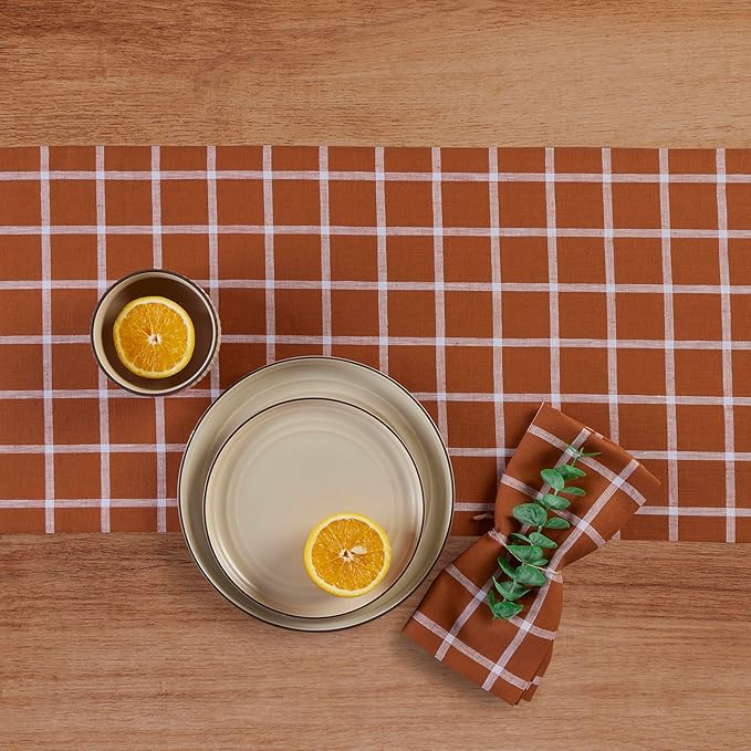 Solino Home Fall Plaid Table Runner 90 Inches Long - 100% Pure Linen Windowpane Cinnamon Table Runner 14 x 90 Inch for Dining, Autumn, Thanksgiving