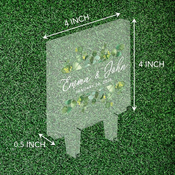 Andaz Press Silver Dollar Eucalyptus Greenery Custom Wedding Cake Topper, Acrylic Square Personalized Couple Cake Topper