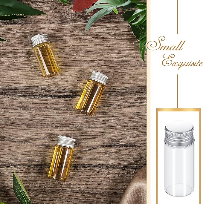 50 Pcs Small Clear Vials Spice Mini Jars with Lids Mini Glass Bottles with Screw Aluminum Metal Caps Tiny Jars Sample Containers for Powder Cream Cosmetic Jewelry Wedding (10 ml,Silver Caps)