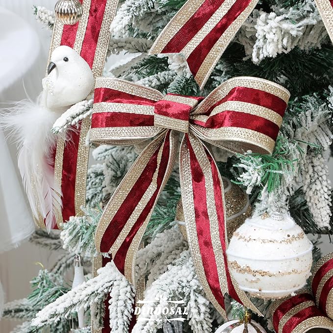 Burgundy Velvet Wired Ribbon with Champagne Glitter Stripe 2.5 Inch Crushed Velvet Christmas Ribbon, 10 Yards for Gift Wrapping, Crafts, Christmas Tree Decorations, Wreath Supplies, Garlands