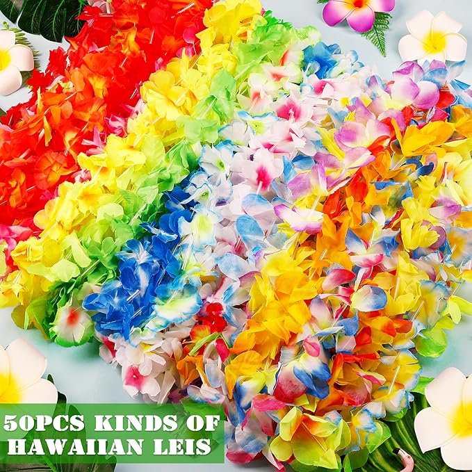 50pcs Hawaiian Leis Decorations, Hawaiian Leis Bulk Flower Necklaces Luau Party Decor, Colorful Hula Dance Celebration Tropical Summer Beach Pool Parties, Hawaiian Flower Leis for Party Favors Decor
