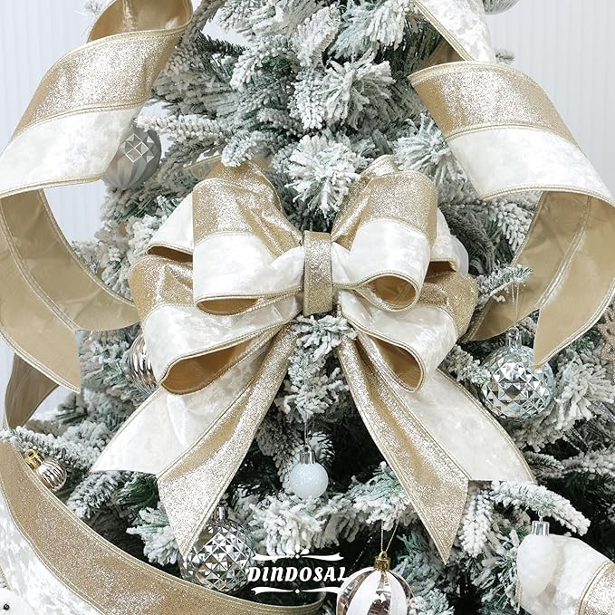 Ivory Velvet Wired Christmas Ribbon 4 Inch Extra Wide Thick Ivory and Gold Glitter Holiday Ribbon – 10-Yards Roll for Tree Decorations, Gift Wrapping, Wreaths, and DIY Crafts