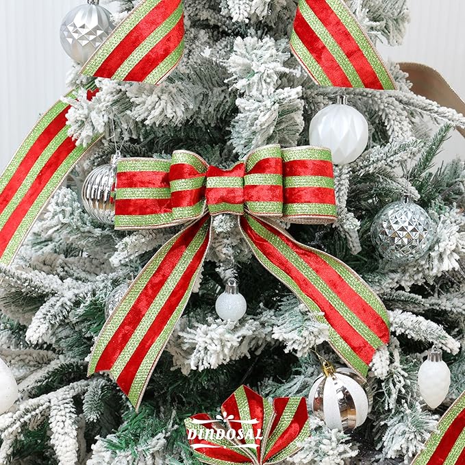 Red Velvet Wired Ribbon with Lime Green Glitter Stripe 2.5 Inch Crushed Velvet Christmas Ribbon, 10 Yards for Gift Wrapping, Crafts, Christmas Tree Decorations, Wreaths, Garlands