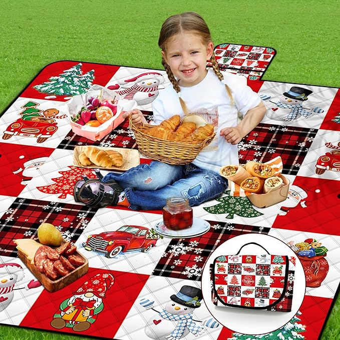 Poedist Extra Large Picnic Blanket Waterproof,80"x 80"Foldable Machine Washable Beach Blanket,Outdoor Blanket for 6-8 Adults,Suitable for Crawling,Park Beach,Camping,Hiking,Family,Merry Christmas