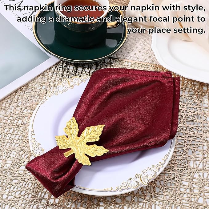 Elegant Handcrafted Leaf Napkin Rings - Set of 12 Premium Aluminum Holders for Dinner Parties, Weddings, Special Occasions & Everyday Dining (Gold) - CLEENTABLE