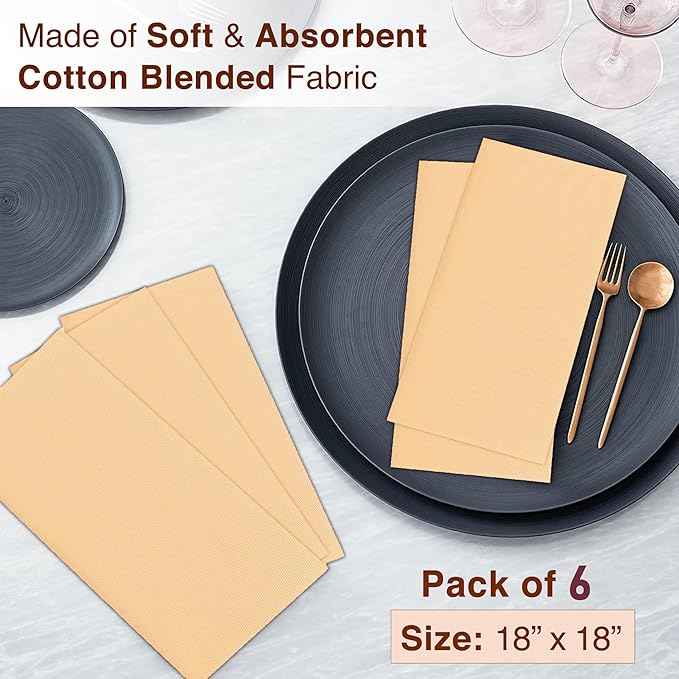 Ruvanti Cloth Napkins Set of 6, 18x18 Inches Napkins Cloth Washable, Soft, Durable, Absorbent, Cotton Blend. Table Dinner Napkins Cloth for Hotel, Lunch, Restaurant, Wedding Parties - Ivory Gold