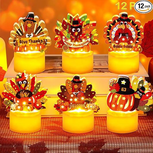 12 PCS Thanksgiving Table Decorations Turkey LED Flameless Candles Battery Operated Thanksgiving Turkey Tea Lights Small Candles Thanksgiving Decoration Turkey Centerpieces for Table Home Indoor Party