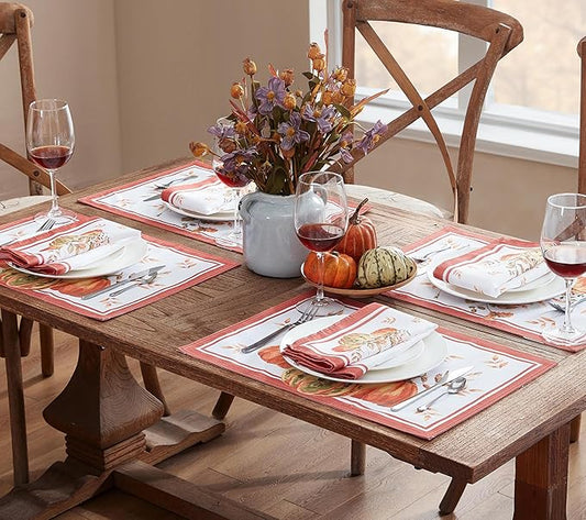 Home Bargains Plus Thanksgiving Contemporary Orange Pumpkin Fabric Placemats, Set of 4, Fall Harvest Easy Care Table Mats