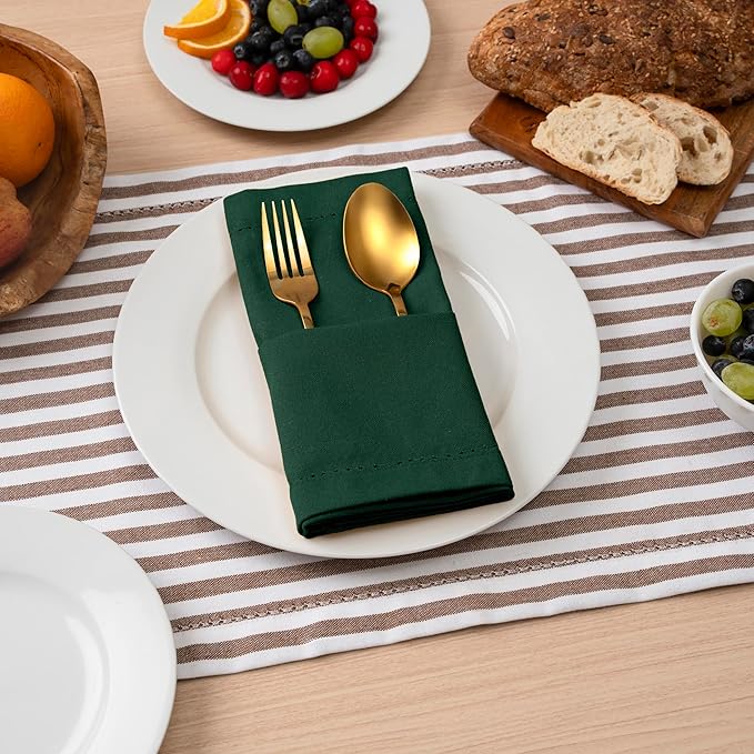 Blue Needles Set of 12 Hemstitch Linen Napkins 100% Cotton Forest Green Cloth Dinner Napkins 18x18 inches - Soft, Reusable and Washable Spring Summer Napkins, Ideal for Events, Parties & Everyday Use