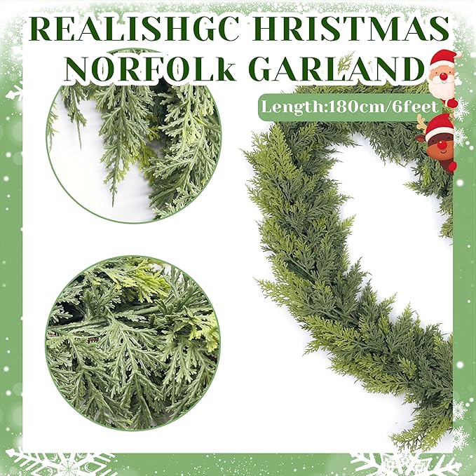 Norfolk Cedar Garland, 6FT Green Garland Christmas for Mantle Stair Railing Fireplace Door Decorations