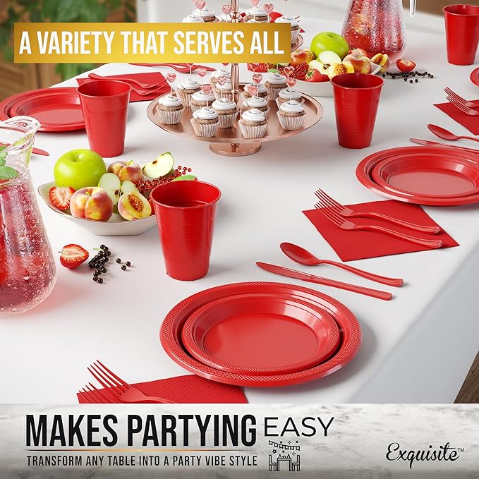 Party Solids 350 Pieces Red Plastic Plates For Party, Red Disposable Plates Set, 50 Of Each 9" Dinner Plate Set, 7" Dessert Plate, Cups, Napkins & Cutlery Plastic Dinnerware