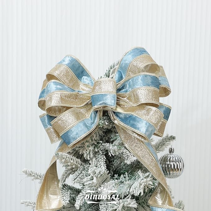 Dusty Blue Velvet Wired Christmas Ribbon 2.5 Inch Blue and Gold Glitter Holiday Ribbon – 10-Yards Roll for Tree Decorations, Gift Wrapping, Wreaths, and DIY Crafts