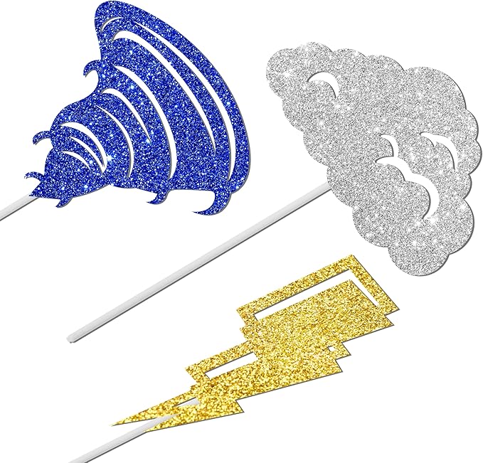 24pcs Glitter Tornado Party Cupcake Toppers Tornado Birthday Party Decorations Lightning Cloud Theme Cake Cupcake Picks for Weather Theme Birthday Party Baby Shower Supplies