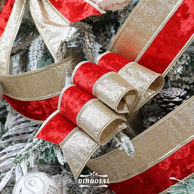 Red Velvet Wired Christmas Ribbon 4 Inch Extra Wide Thick Red and Gold Glitter Holiday Ribbon – 10-Yards Roll for Tree Decorations, Gift Wrapping, Wreaths, and DIY Crafts
