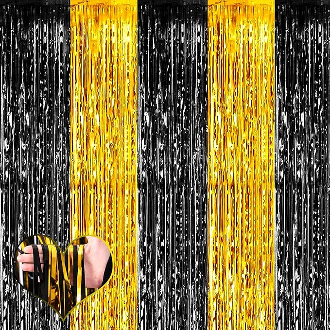 4 Pack 3.2Ft x 9.8Ft Black and Gold Fringe Curtain Backdrop, Metallic Tinsel Foil Fringe Streamers Curtains Background for Photo Booth Birthday Wedding Graduation Carnival Party Decorations