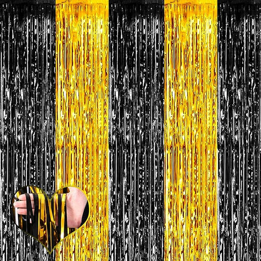 4 Pack 3.2Ft x 9.8Ft Black and Gold Fringe Curtain Backdrop, Metallic Tinsel Foil Fringe Streamers Curtains Background for Photo Booth Birthday Wedding Graduation Carnival Party Decorations