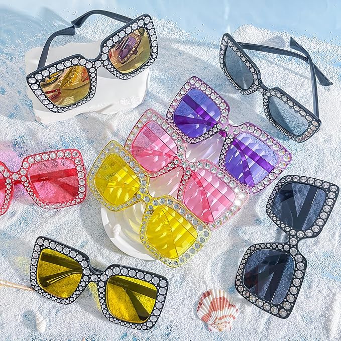 10/20 Pack Crystal Oversized Square Sunglasses Retro Diamond Glitter Sparkling Disco Glasses Party Favors