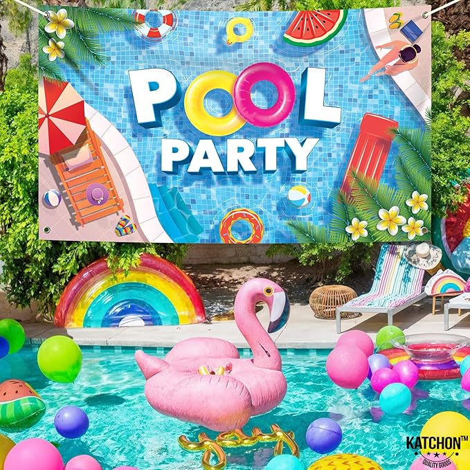KatchOn, XtraLarge Pool Party Backdrop - 72x44 Inch | Pool Party Banner for Pool Party Decorations | Summer Backdrop for Summer Party Decorations | Pool Party Birthday Decorations, Pool Party Sign