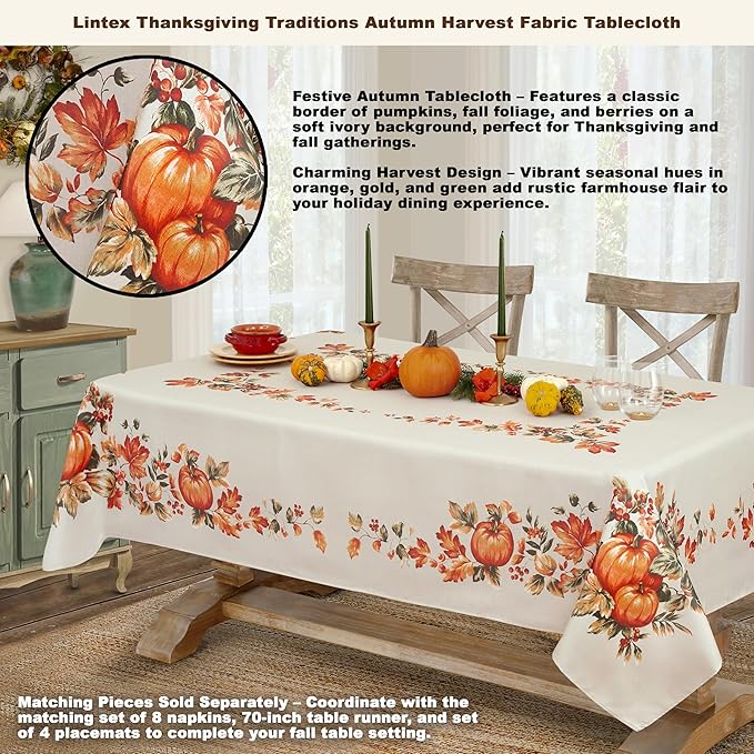 Lintex Thanksgiving Traditions Autumn Harvest Bordered Tablecloth, Fall Leaves and Pumpkin Patch Border Print Easy Care Fabric 52In x 70In Oblong/Rectangle, Oblong/Rectangle