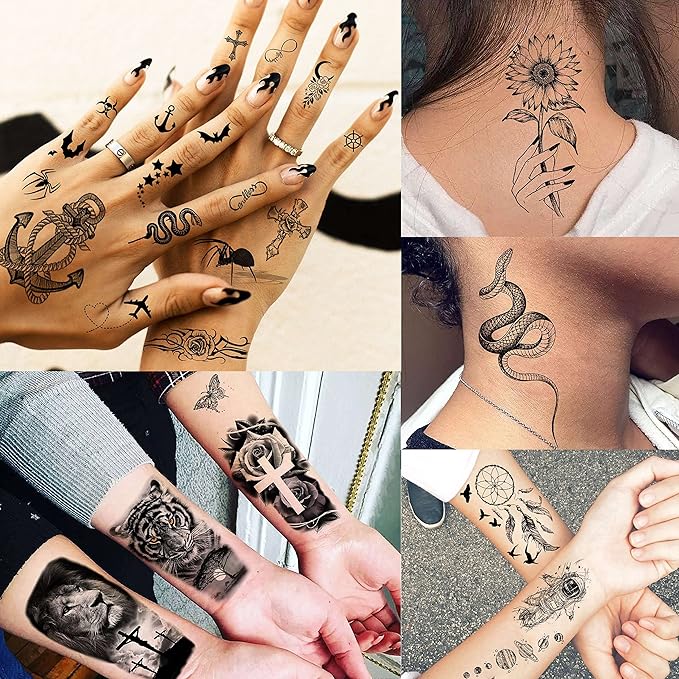 61 Sheets 3D Snake Flower Temporary Tattoos For Women Girls Neck Arm, 12 Sheets Realistic Floral Fake Tattoo Stickers Thigh, Waterproof Temp Transfer Tatoo Adults Rose Sunflower Butterfly