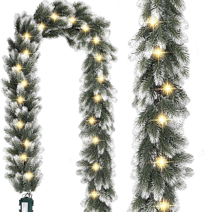Pre Lit Snow Flocked Christmas Garland 5.9 ft Artificial Christmas Garland with Warm White LED Light and Timer Frosted Faux Pine Winter Garland for Home Indoor Outdoor Mantel Seasonal Decor