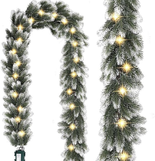Pre Lit Snow Flocked Christmas Garland 5.9 ft Artificial Christmas Garland with Warm White LED Light and Timer Frosted Faux Pine Winter Garland for Home Indoor Outdoor Mantel Seasonal Decor