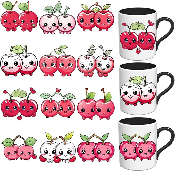 UV DTF Stickers - 12 Sheets Cherry Valentine UV DTF Cup Wrap for Coffee Mugs Glass, DIY Decals for Tumblers, Waterproof Rub on Transfers for Crafts