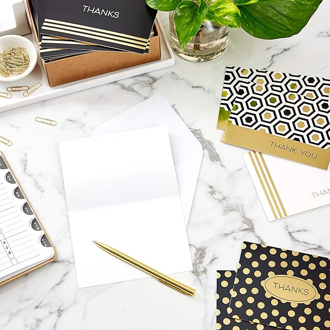 Hallmark Thank You Cards Assortment, Black and Gold Geometric (40 Thank You Notes with Envelopes for Wedding, Business, Graduation, All Occasion)