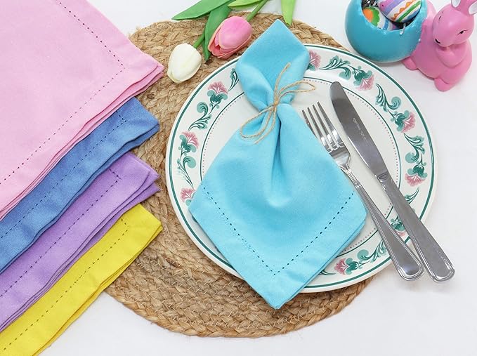 PurpleEssences Set of 12 Hemstitch Cloth Dinner Napkins 100% Cotton - Soft Durable Washable - Ideal for Wedding Fall Thanksgiving - Perfect Everyday Use Table Linen 18x18 - Aqua Blue