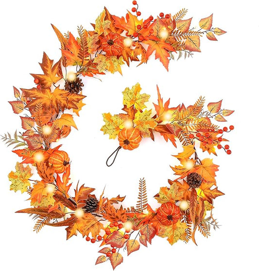6ft Fall Maple Leaves Garland with Fern, Willow Stems, Berry, Pumpkins, pinecones. Artificial Autumn Harvest Garland for Festivals, Thanksgiving, Halloween, Fireplace Porch Indoor Outdoor Decoration