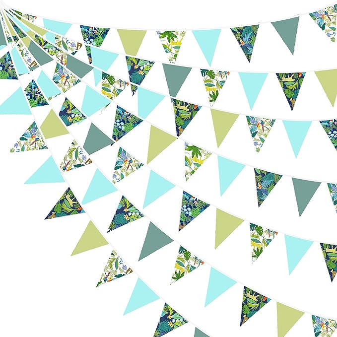 32Ft Teal Blue Green Summer Tropical Leaves Wild Animals Printed Pennant Banner Fabric Triangle Flag Cotton Bunting Garland for Birthday Party Wedding Home Nursery Outdoor Garden Hanging Decoration