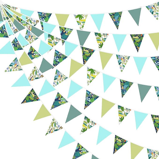 32Ft Teal Blue Green Summer Tropical Leaves Wild Animals Printed Pennant Banner Fabric Triangle Flag Cotton Bunting Garland for Birthday Party Wedding Home Nursery Outdoor Garden Hanging Decoration