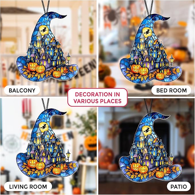 Witch Hat Suncatcher for Window Hanging, Gothic Halloween Decoration, Spooky Town Pumpkin Acrylic Ornament, Jack-o’-Lantern Fantasy Decor, Autumn Halloween Christmas Witchy Gifts for Women, Friends