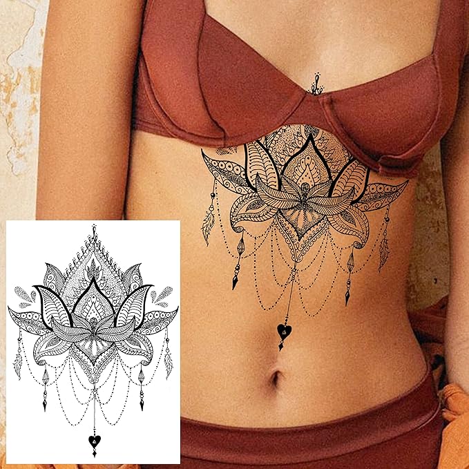 6 Sheets FANRUI Black Henna Temporary Tattoos For Women Lace Mehndi Mandala Flower Tatoos Ink Large Waterproof Lotus Fake Jewelry Pendant Butterfly Tattoo Stickers Kit Wedding Dreamcatcher Feather