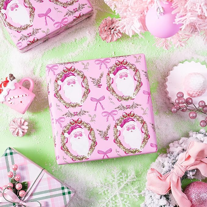 RUSPEPA 30" X 32.8' Reversible Christmas Wrapping Large Paper Roll, Jumbo Roll, Pink Santa Claus, Floral Wreath, Bow Design, Green Pink Plaid Gift Wrap for Girls, Kids, Family, Xmas Holiday Gifts