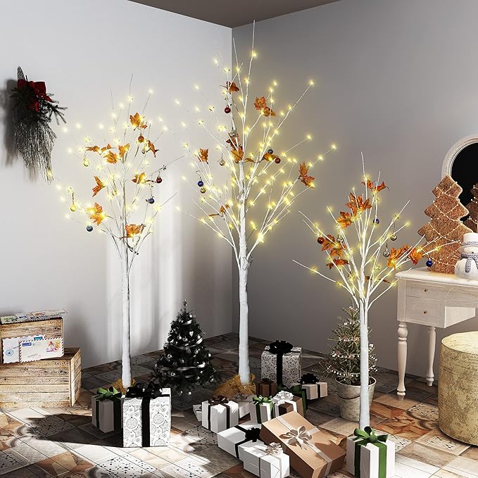 AWQM Lighted Birch Tree for Christmas Decor, Pack of 3 Prelit Christmas Tree 4ft 5ft 6ft, Warm White Christmas Tree for Indoor Christmas Decorations. (White)