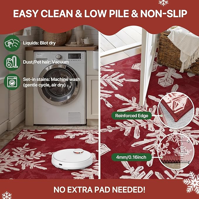 Christmas Area Rug 8x10 for Living Room, Washable Rug for Bedroom, Christmas Home Decor, Holiday Print Carpet, Low Pile Non Slip Mat with Rubber Backing, Snowflake
