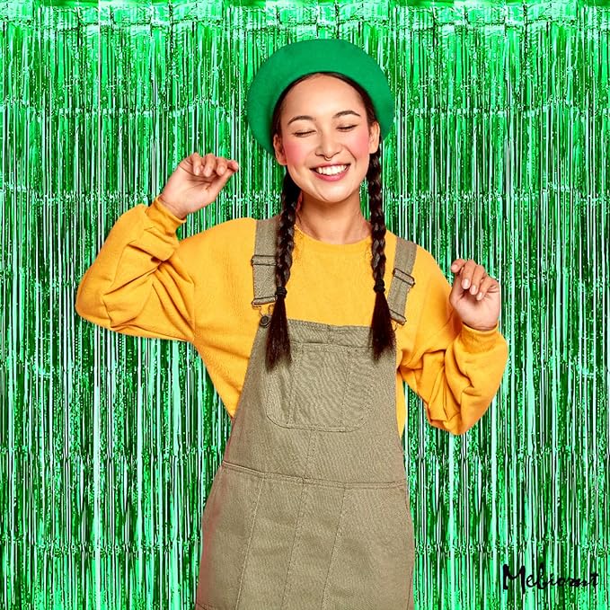4 Pack Green Fringe Curtain Backdrop, 3.2Ft x 9.8Ft Metallic Tinsel Foil Fringe Streamers Background for Photo Booth Birthday Wedding Baby Shower Carnival Easter Mother’s Day Party Decorations