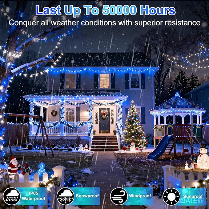 750 LED 256ft Outdoor Christmas Lights, Super Long String Light 8 Modes Timer Memory, Outsite Waterproof Dark Green Wire Fairy Light String for Xmas Tree Wedding Holiday Party Decorations Blue & White