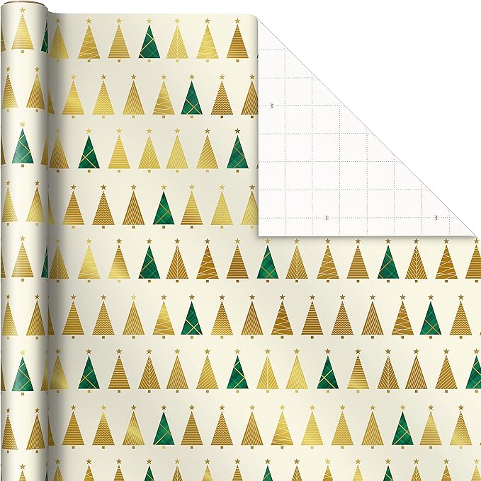 Hallmark Elegant Christmas Wrapping Paper with Cut Lines on Reverse (3 Rolls: 120 sq. ft. ttl) Gold Trees, Emerald Green Plaid, Gold Geometric Snowflakes