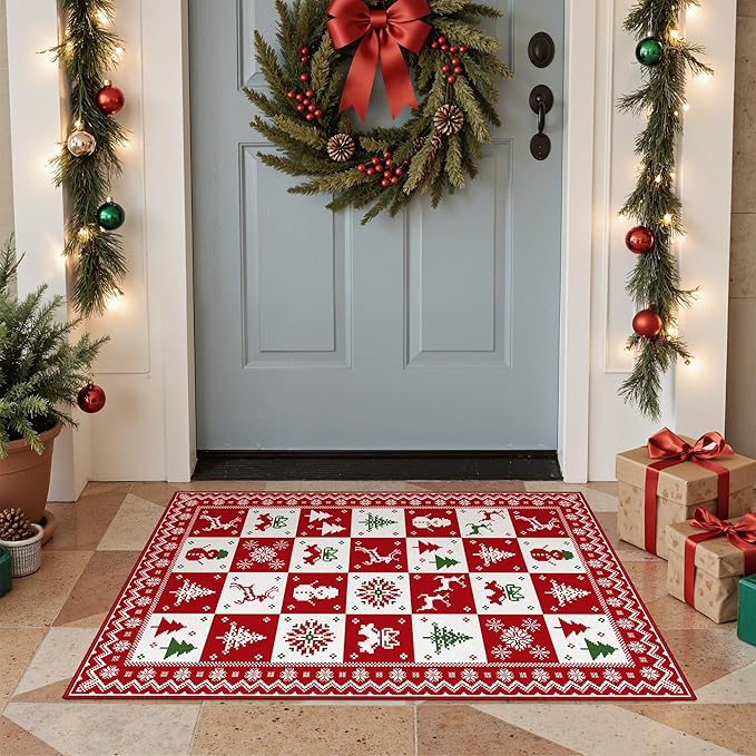 Christmas Rug 2x3 Washable Rugs for Entryway Bedroom, Christmas Home Decor, Holiday Print Carpet, Low Pile Non Slip Mat with Rubber Backing, Red White Checkerboard