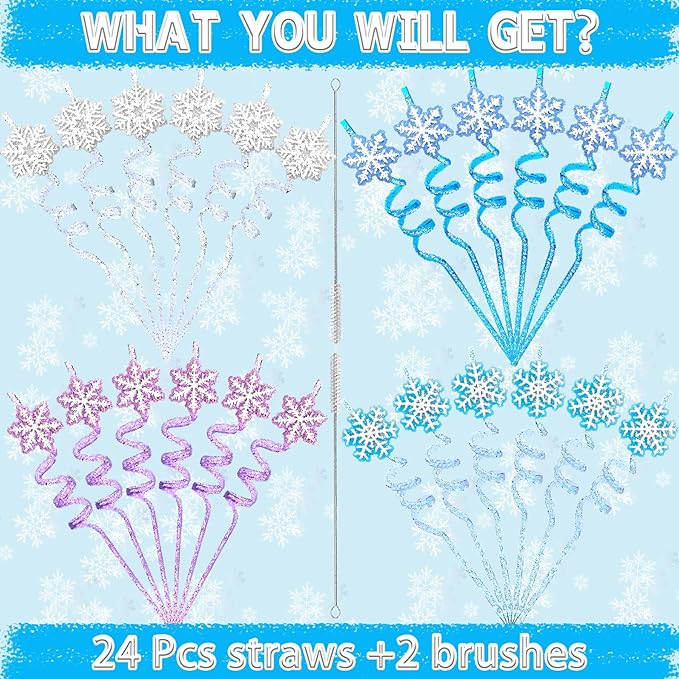 LEDUO Reusable Frozen Drinking Straws-24Pcs Glitter Snowflake Plastic Straw Party Favors-Frozen Party Decoration -Winter Snow Birthday Party Decor Supplies-Christmas Goodie Bag Stuffer Classroom Prize