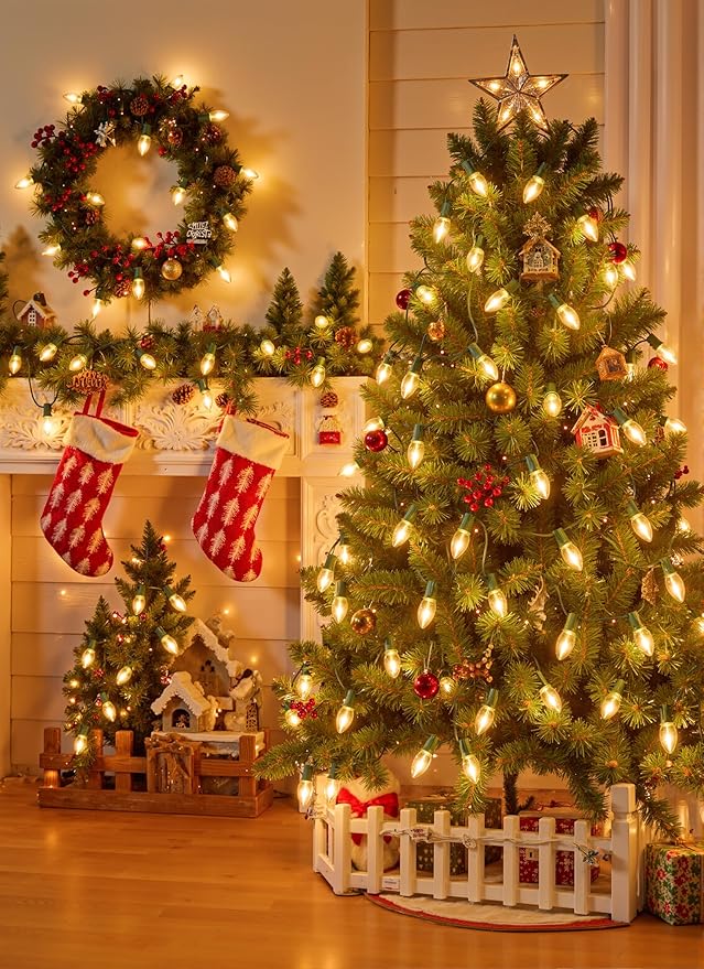 Minetom Vintage C9 LED Christmas Lights Outdoor Warm White, 50 Feet C9 String Lights for Christmas Tree Roofline Holiday Party Indoor Outdoor Garden Patio Backyard Cafe Xmas Decoration, Green Wire