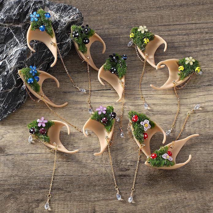 FRESHME Forest Mushroom Elf Ears, Soft Fairy Ears with Mushroom Moss and Flower Elven Ear Cuffs Halloween Renaissance Cosplay