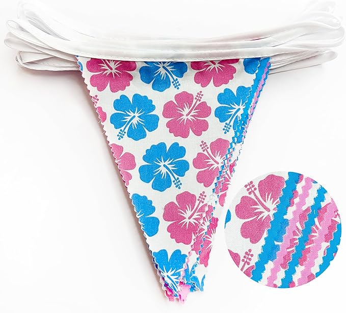 32Ft Cartoon Birthday Party Decorations Pink Blue Hawaiian Hibiscus Flower Triangle Flag Pennant Banner Fabric Garland Streamer for Luau Hawaii Tropical Ohana Baby Shower Gender Reveal Summer Decor