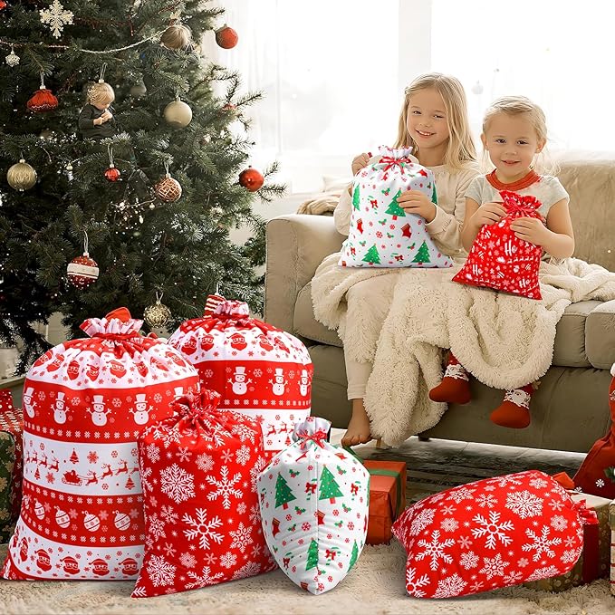 ARGCONNER 12 Pcs Christmas Gift Bags with Drawstring, Assorted Reusable Fabric Gift Bags in 4 Sizes and Designs for Xmas Holiday Party Favors, Treats, Stocking Stuffers
